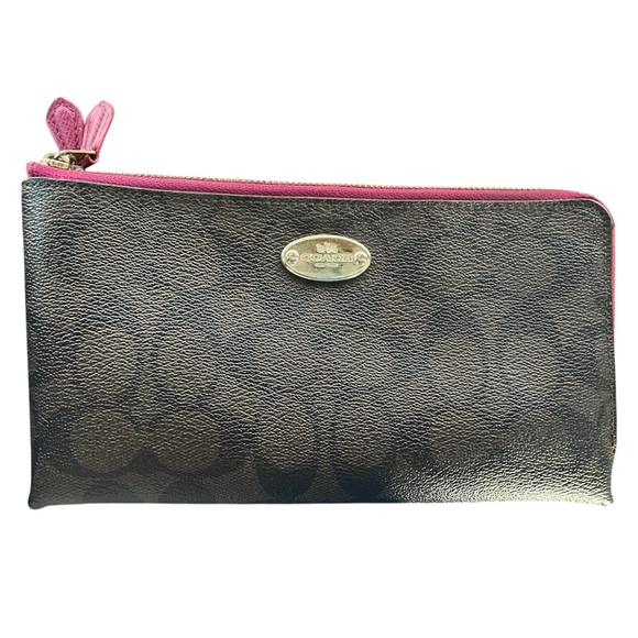 Coach Handbags - Coach Brown Signature Wristlet with Pink Trim and Gold Plaque